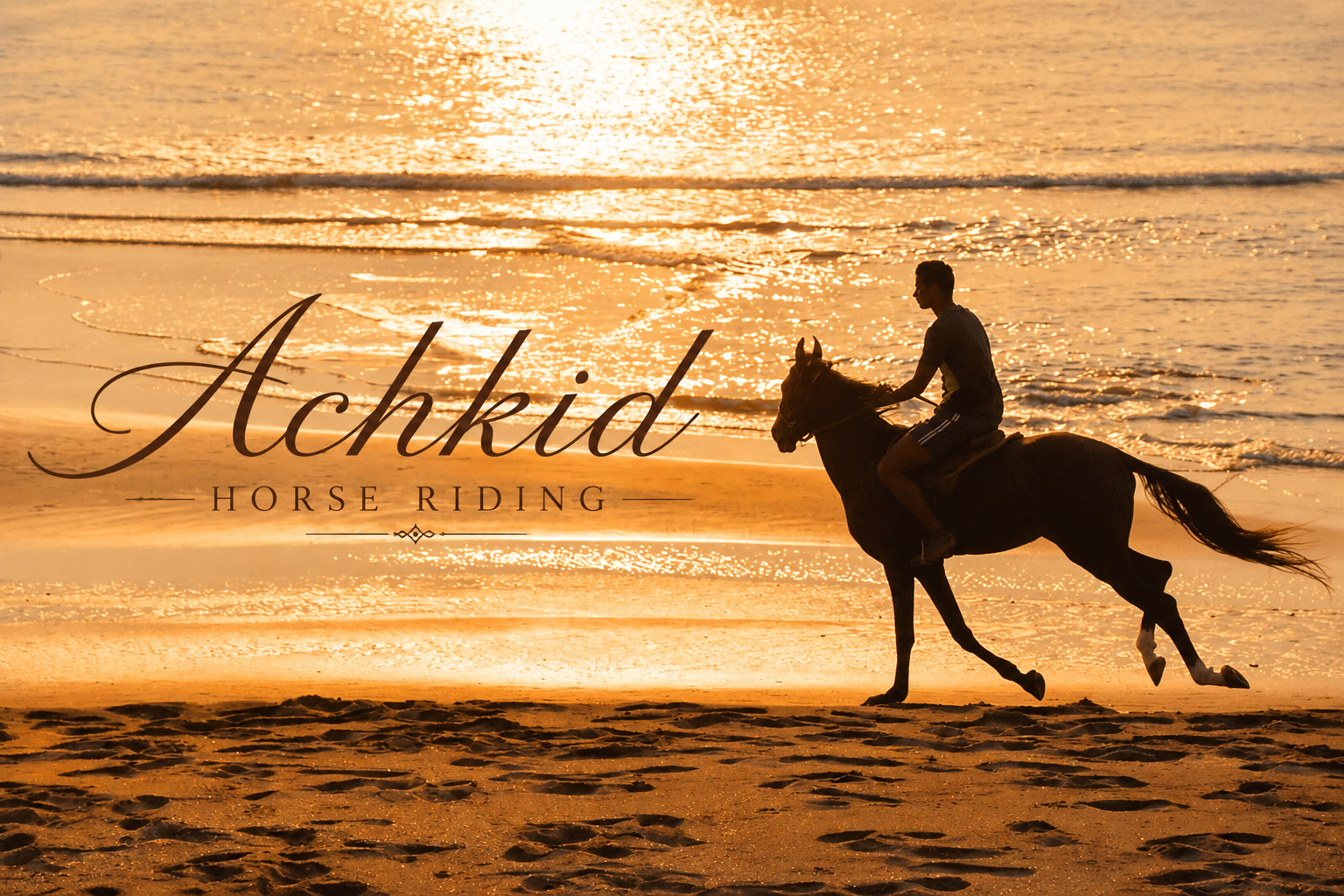 Horse riding along the golden beach near Agadir at sunset